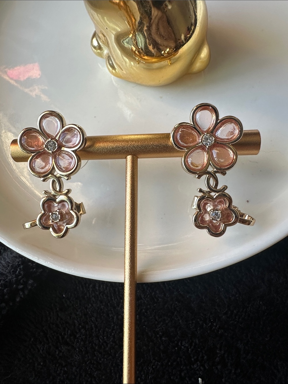 Like New- CHANEL Pink Floral Drop Earrings with Crystal Centers